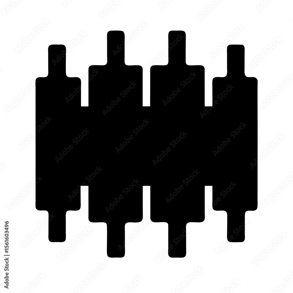 Poster abstract black shape suggesting columns or a geometric pattern, bold and minimalist