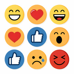Set of nine colorful emoji icons, different emotions and reactions, flat modern style.