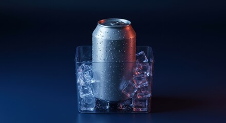 Chilled aluminum can in ice filled glass under dramatic blue and red lighting