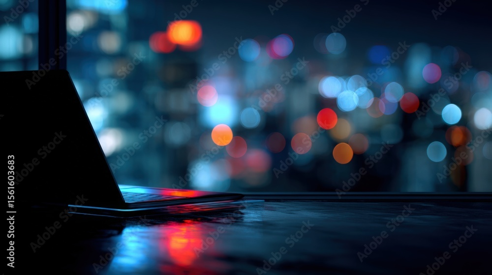 Aufkleber sleek black laptop resting on dark surface with colorful bokeh blurred city lights background at nig