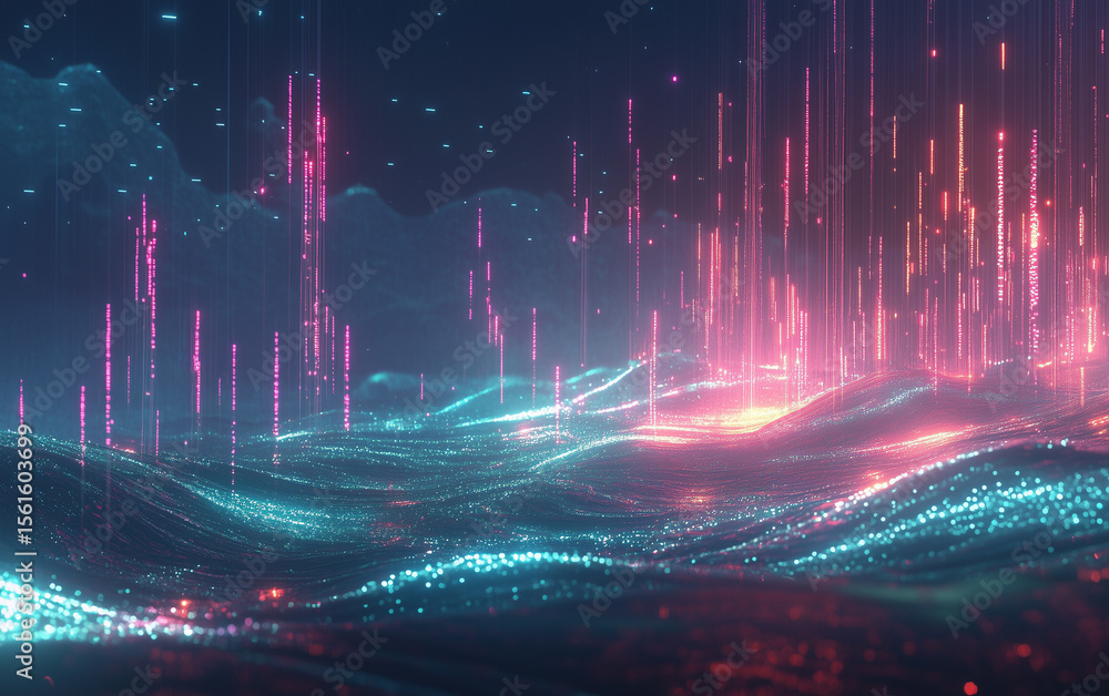 Poster abstract landscape with glowing lines and waves in a futuristic style art