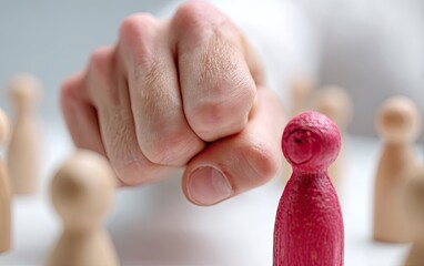 Fist striking a single red figurine surrounded by many light-brown ones
