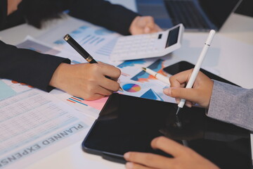 Team of business people working together in the meeting room office, teamwork background charts and graphs banner, double exposure successful teamwork,business planning concept.