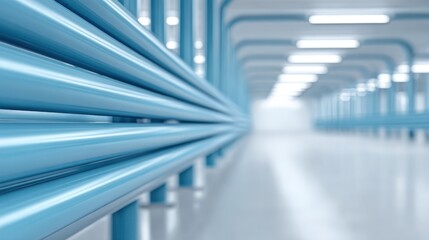 Obraz premium Modern futuristic tunnel corridor with blue pipelines and bright lighting interior.