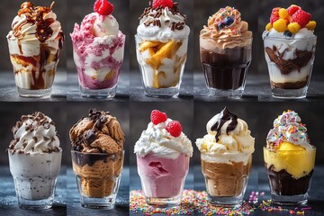 Collage of different types of ice cream sundaes, featuring various flavors, toppings, and colorful sprinkles