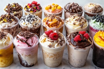 Collage of different types of ice cream sundaes, featuring various flavors, toppings, and colorful sprinkles