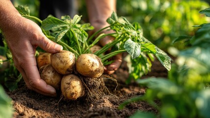 Freshly harvested potatoes with green leaves in garden soil during daytime.