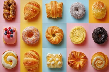 Collage of different types of pastries, including Danish, croissants, and eclairs, beautifully arranged