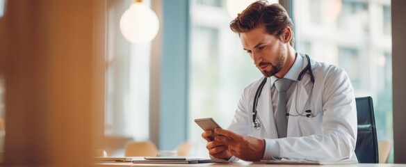 The doctor engaging with a smartphone in a modern healthcare setting.