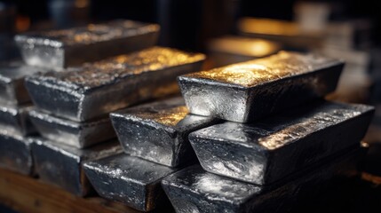 Stacks of shiny silver gold bars arranged in a row for investment and wealth.