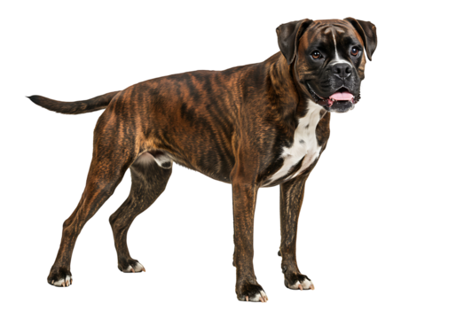 Brindle Boxer dog standing against a black background showcasing its muscular build and white markings