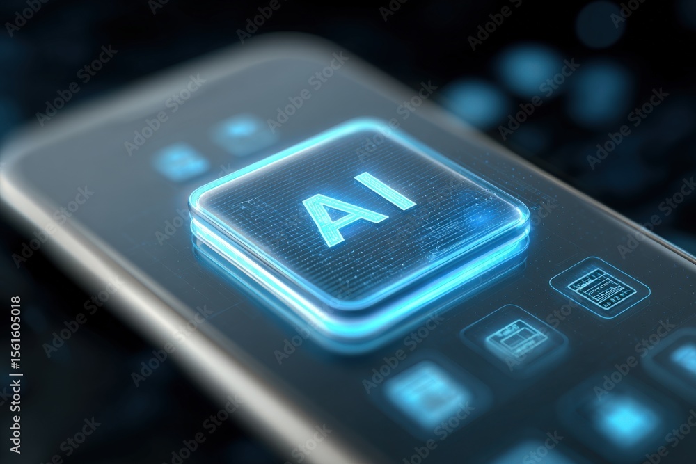 Poster Close-up of a modern smartphone with illuminated artificial intelligence AI button and user interface.