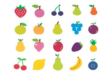 Flat Fruit Icon Set – Minimalist Vector Illustration of Various Fruits Including Strawberry, Cherry, Pear, Apple, Banana, Lemon, Mango, and Grapes