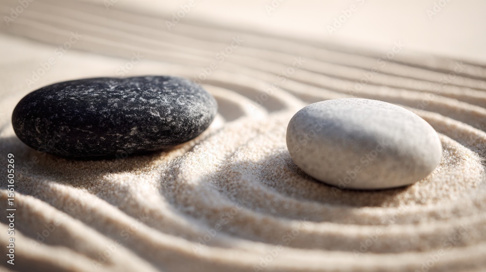 Poster two smooth stones resting on evenly raked sand with subtle shadows in minimal natural setting.