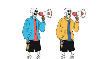 Two Skeletons Communicating Loudly Through Megaphones in Stylish Jackets and Shorts