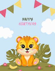 Vector children birthday card with cute tiger cub, tropical leaves, flowers, sky, and colorful flags. Bright and playful design perfect for kids party invitations, greetings, posters, and decorations.