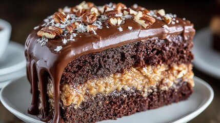 Delicious layered chocolate cake with nuts caramel filling and glossy frosting.