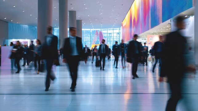 Modern corporate business conference center with busy professional crowd walking.