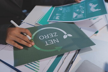 Asian woman lead young group of multiethnic businesspeople in team meeting, using laptop computer for ESG topic presentation on monitor. Sustainable business practice, people work at home concept