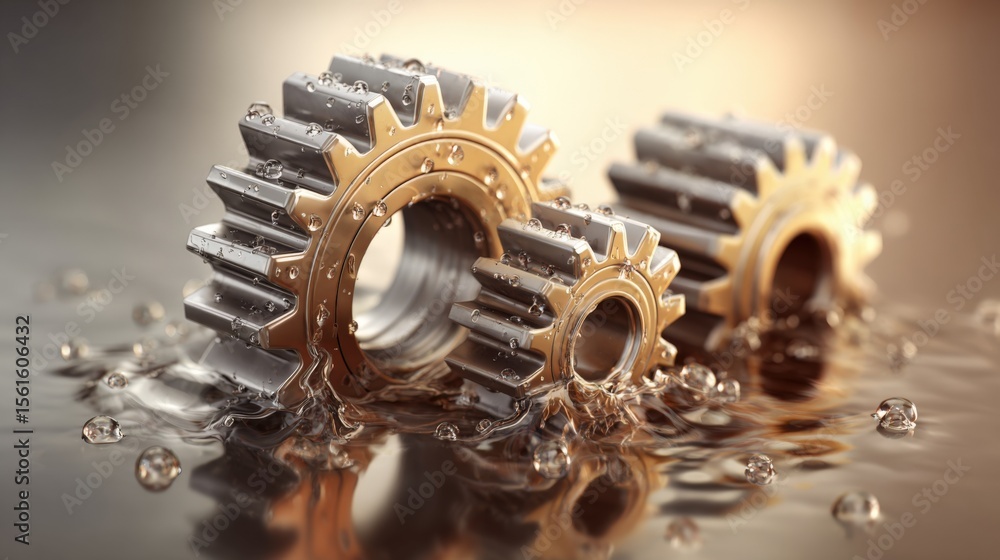 Poster close-up of metallic gears partially submerged in water with splash and reflections.