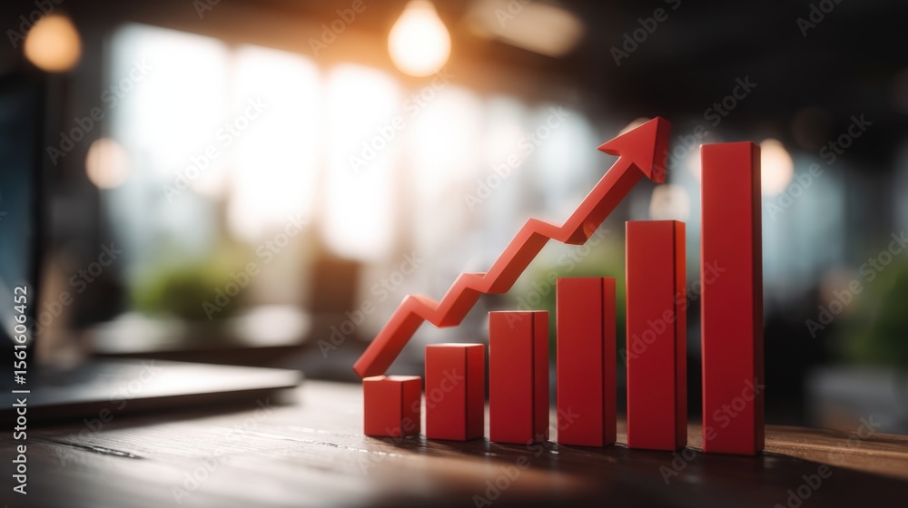 Poster business growth chart with ascending red bars and upward arrow symbolizing success.