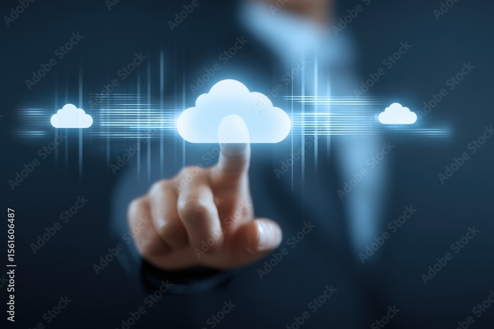 Poster businessman touching cloud technology digital cloud computing concept image.