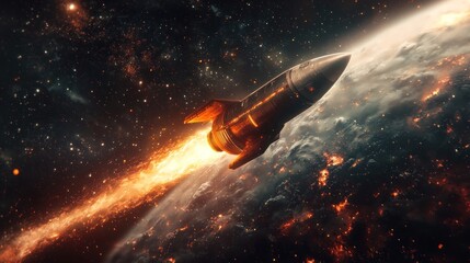 Obraz premium Fiery Ascent: Rocket Launching into the Cosmos