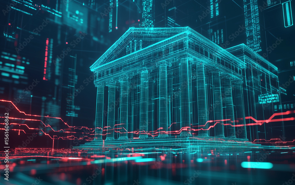 Poster digital rendition of a classical building with glowing lines and data streams