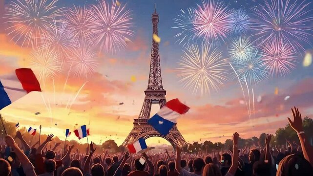 Bastille day fireworks over eiffel tower with waving french flags