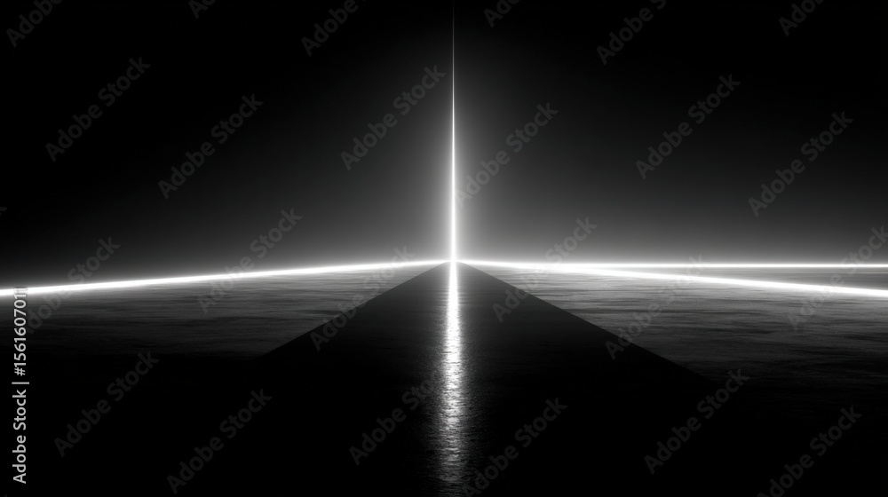 Poster Abstract futuristic lighting scene with bright light rays emanating from a central point in a dark environment.