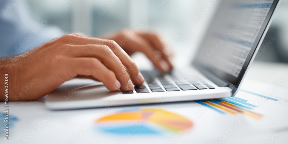 Poster Hands Typing on Laptop Keyboard with Financial Charts and Graphs Displayed.