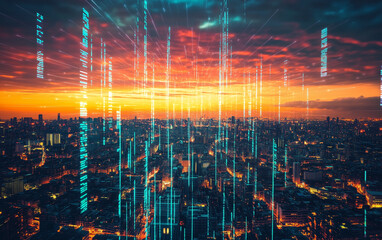 Cityscape at sunset with data streams overlaid in a digital illustration