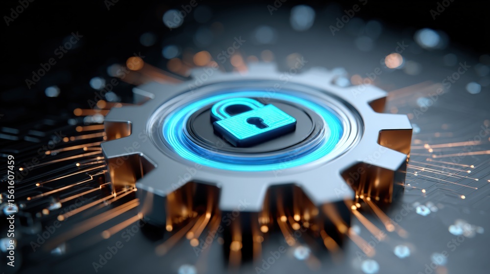 Aufkleber digital security lock icon on gear symbol representing cybersecurity protection and data safety.