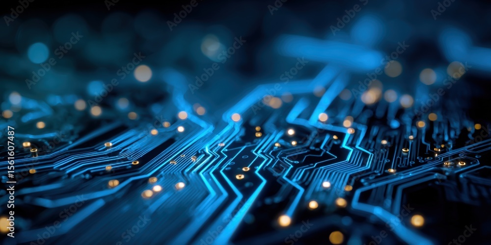 Poster close-up of a futuristic blue circuit board with glowing electronic pathways and components.