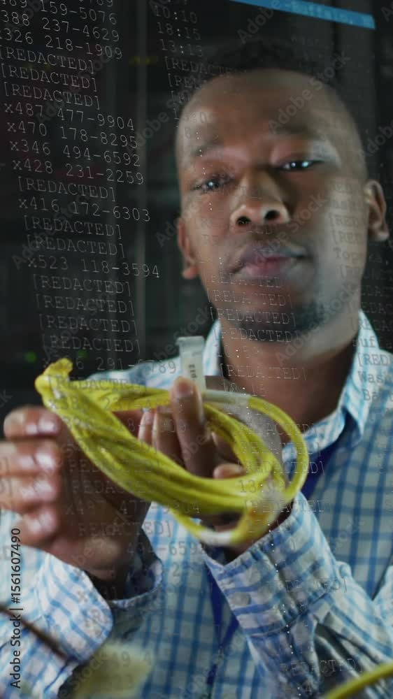 Poster animation of data processing over african american male it engineer and computer servers