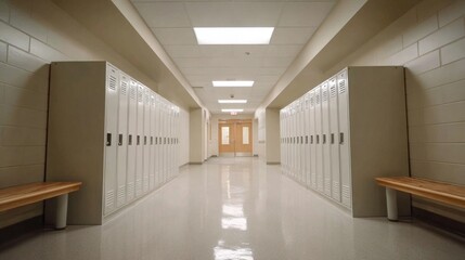 Fototapeta premium Long empty school corridor with lockers benches and bright lighting in hallway.