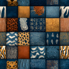 Seamless patchwork pattern. A collection of hand-drawn textures. Animal print for textiles. Ethnic and tribal motifs. Vector illustration in the style of boho.