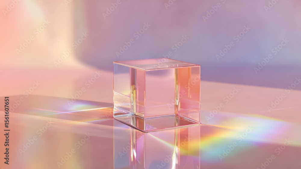 Poster transparent glass cube on pastel colorful background with rainbow reflections and soft lighting.