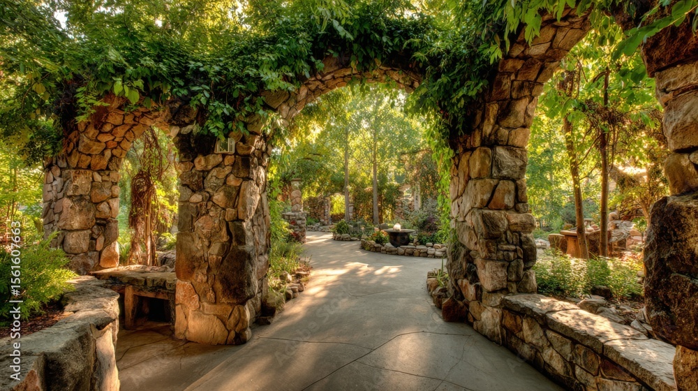 Poster scenic stone archway pathway surrounded by lush greenery and vibrant trees.
