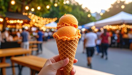 Melting Thai tea sorbet ice cream in a waffle cone with blurred market background and festive lights in the evening