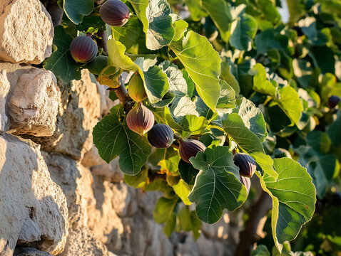 fig tree with large lush leaves and plump figs in different ripening stages