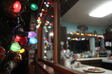 Christmas lights cascading down inside a window, blurred kitchen view