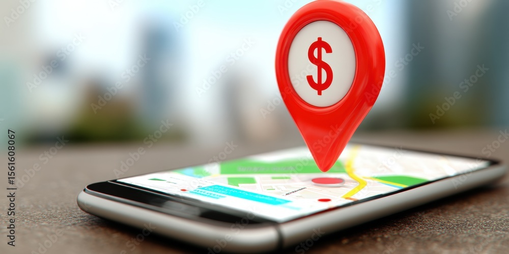 Poster Modern smartphone with digital map and red location marker showing financial service.