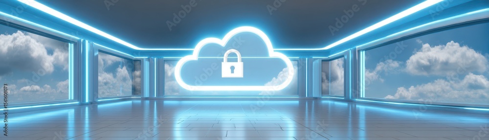 Poster virtual room with a cloud symbol and padlock, representing digital security and data protection in a