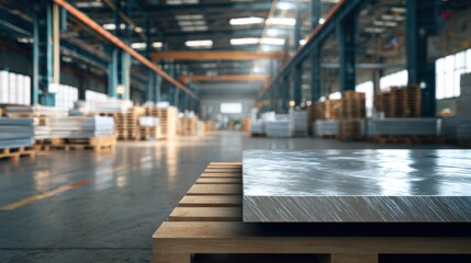 Obraz premium Industrial warehouse interior with metal sheets and wooden table in spacious facility.