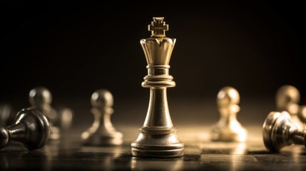 Powerful gold king chess piece standing tall on a chessboard with fallen figures in the background.