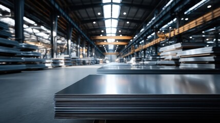 Modern industrial warehouse with metal shelves and stacked steel sheets illuminated by overhead lighting.