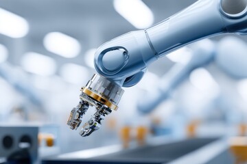 Advanced industrial robot arm with precision gripping in modern manufacturing plant.
