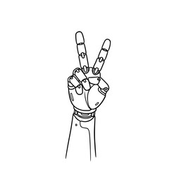 Robotic hand making peace sign in line drawing, isolated vector image on transparent background, bionic prosthetic arm 
