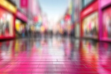 Blurred city street scene, vibrant shop fronts reflected on wet pavement